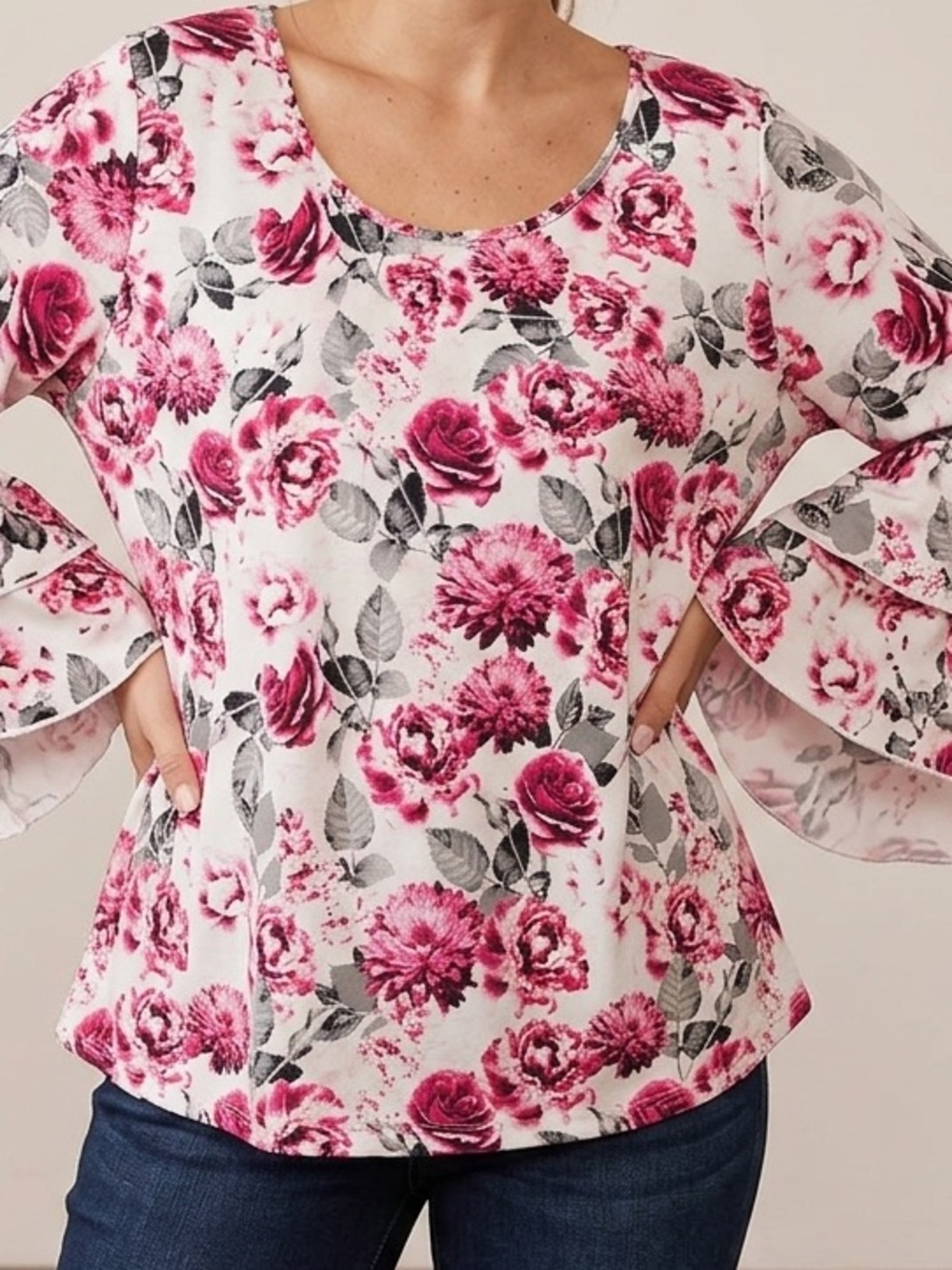 Laura Floral Top With Flutter Sleeve